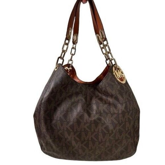 Michael Kors Fulton Large Logo Shoulder Hobo Bag Brown Signature Monogram Purse - Picture 1 of 16